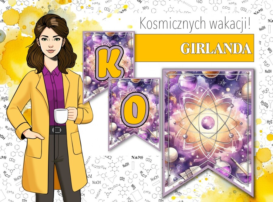 Girlanda / baner / proporczyk / napis / dekoracje / ścienna gazetka szkolna. KOSMICZNYCH WAKACJI!