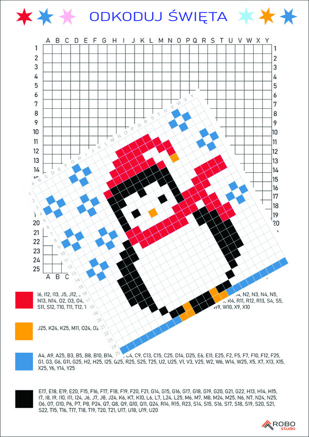 Kodowanki zimowe, świąteczne, mikołajkowe- trudne- dyktando graficzne, kolorowanka, kodowanie, zima, Boże Narodzenie, Mikołaj