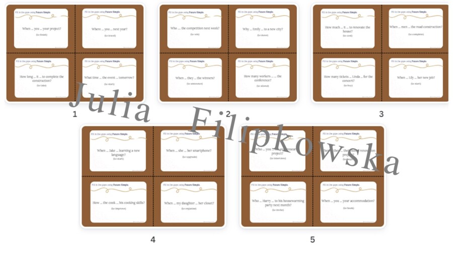 Future Simple Karty do mówienia/ Mówienie/ Speaking/ Zestaw/ Pakiet/ Klasy 4-8/ Klasy 4-6/ Klasy 6-8/ SP/ Warm-up/ Rozgrzewka/ Gramatyka/ Grammar/ Speaking cards grammar/ Grammar cards/ E8