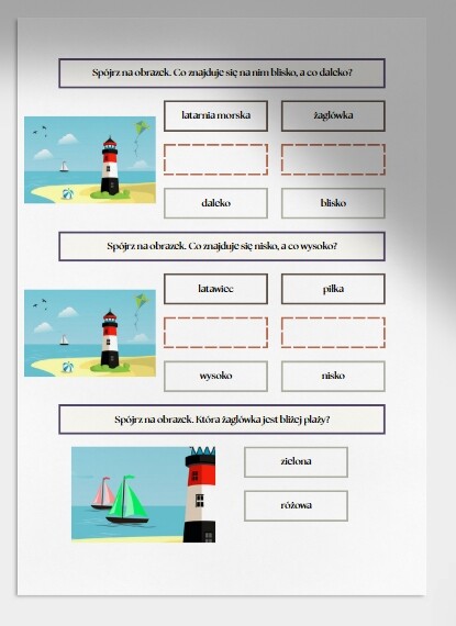Wysoko, nisko, blisko, daleko. Karta pracy. Sprawdzian