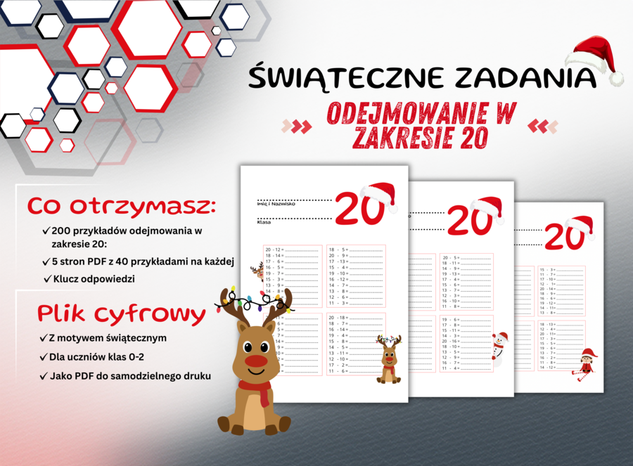 Odejmowanie w zakresie 20 – Świąteczne zadania matematyczne – Gotowy zestaw 200 działań matematycznych do druku dla dzieci z klas 0–2 + klucz odpowiedzi