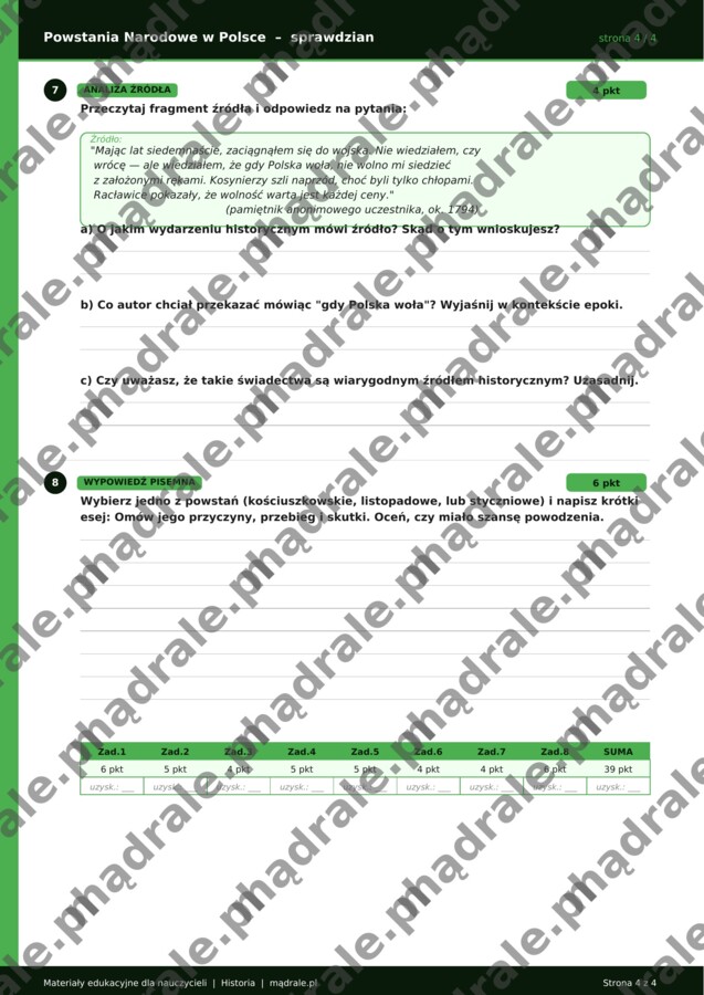 POWSTANIA POLSKIE SPRAWDZIAN / KARTA PRACY + NOTATKA HISTORYCZNA DLA UCZNIÓW DODATKOWO