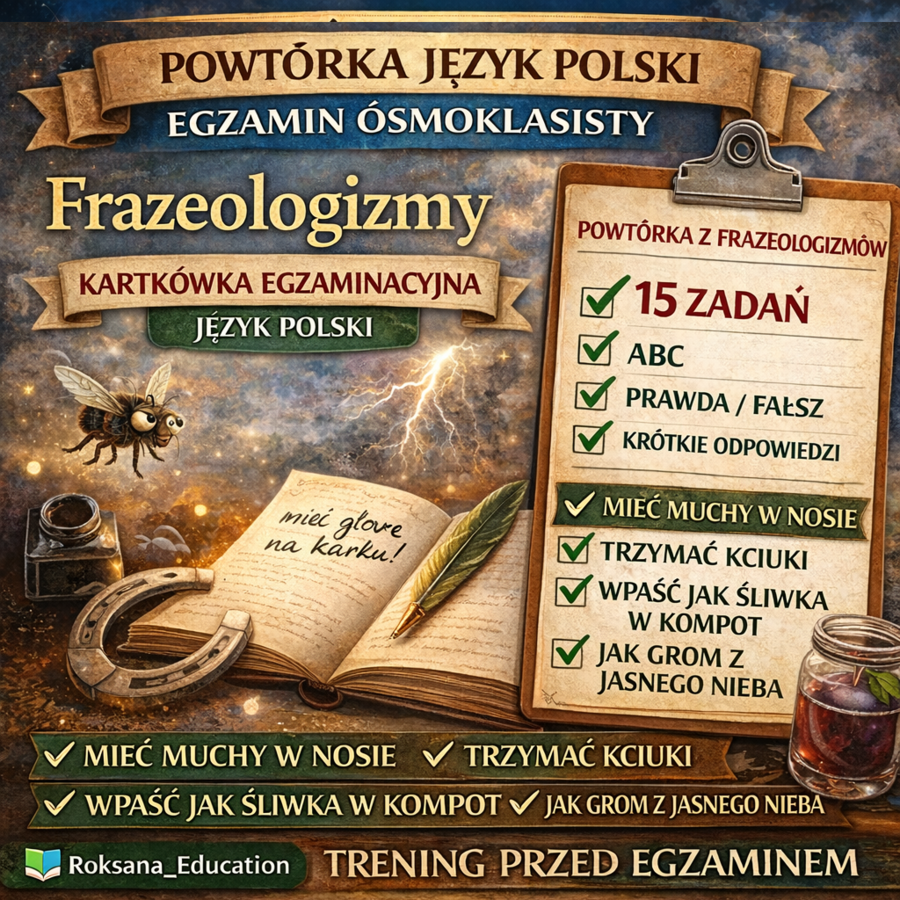 ✏️ Frazeologizmy – kartkówka egzaminacyjna | powtórka przed egzaminem ósmoklasisty (15 zadań)