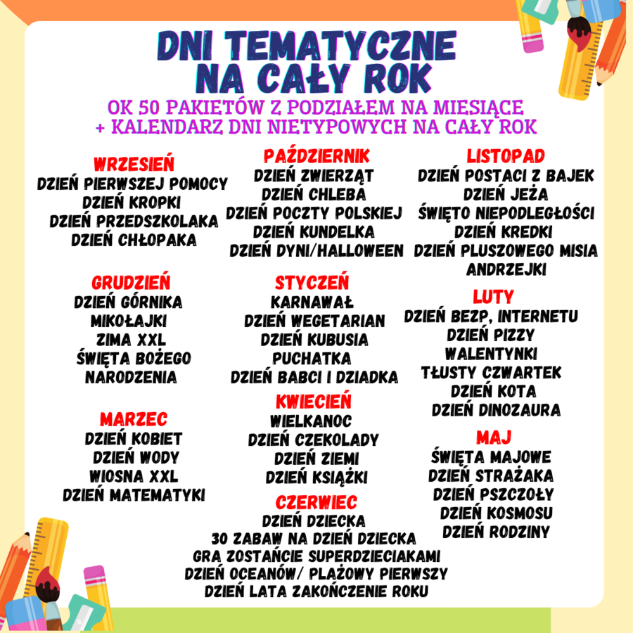 DNI TEMATYCZNE NA CAŁY ROK (50 PAKIETÓW +KALENDARZ)