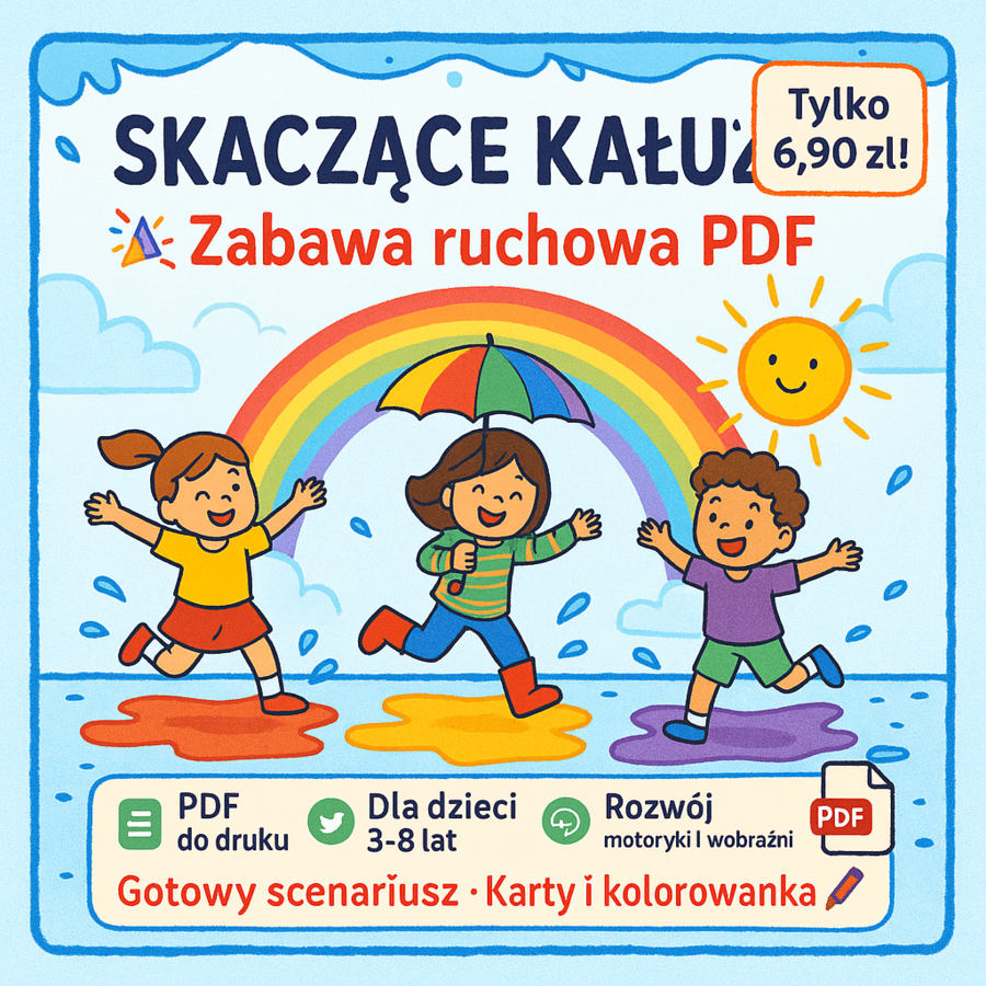 „Skaczące kałuże” – zabawa ruchowa z kartonowymi kałużami.