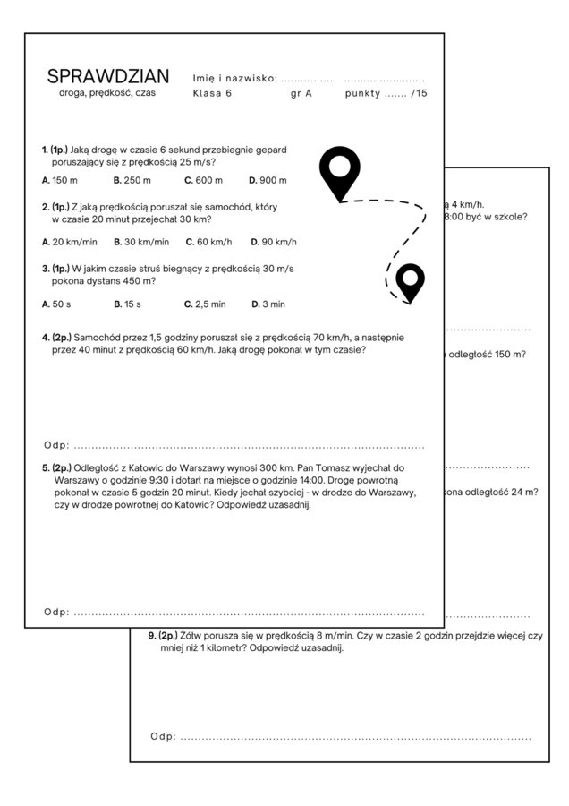Sprawdzian, powtórzenie wiadomości - droga, prędkość, czas. Klasa 6