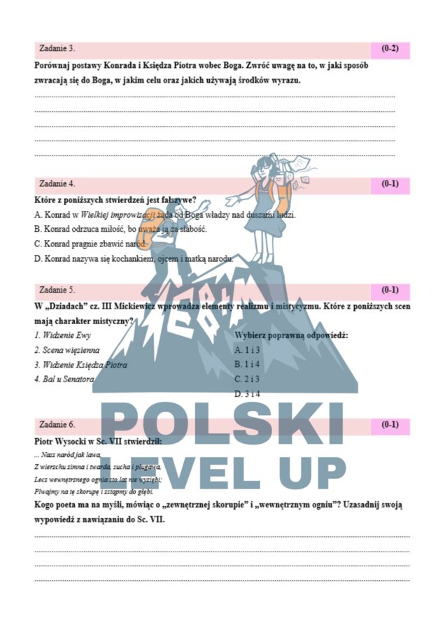 Test (35 zadań+ podpunkty+tematy wypracowań P +R)_Dziady cz. III_Polski Level Up