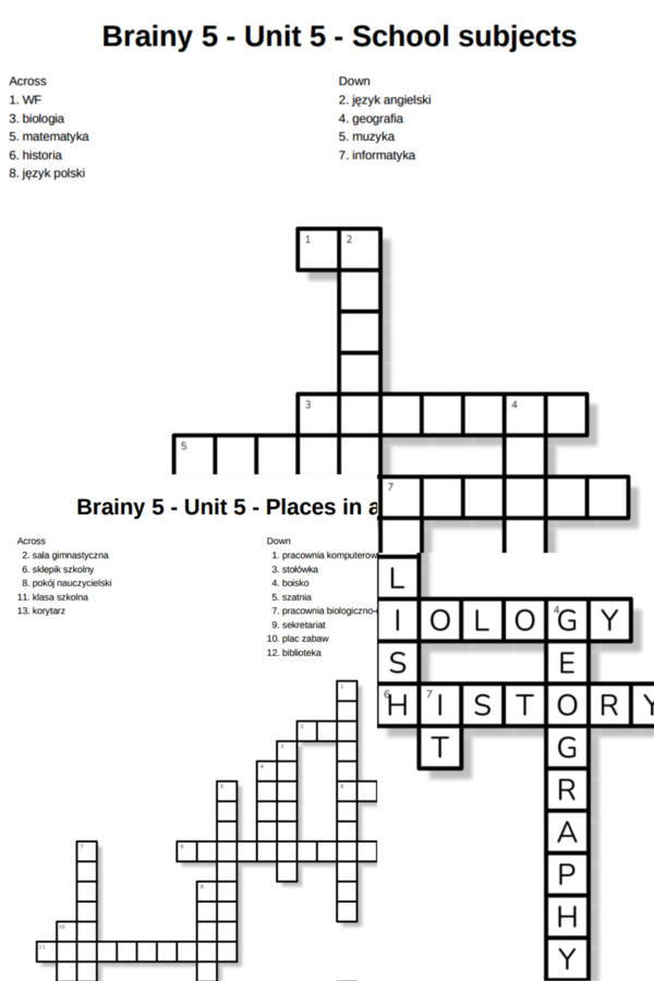 Brainy 5 – Unit 5 – krzyżówki – Places in a school/School subjects