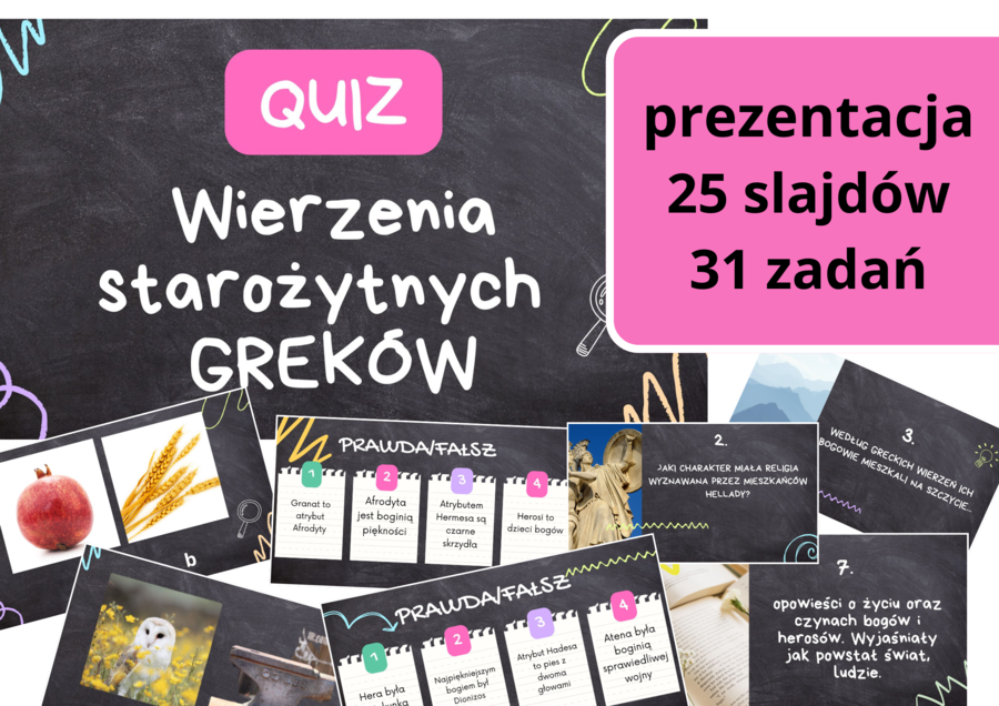 Quiz – Wierzenia starożytnych Greków/ Gotowa prezentacja edukacyjna z quizem dla klas 5–6 | Mitologia | Historia i język polski