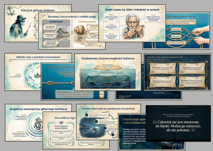 🐟Santiago – prezentacja (15 slajdów) - charakterystyka bohatera z książki "Stary człowiek i morze"