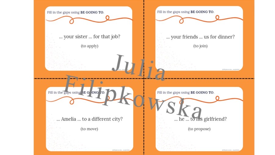 Be going to/ Pytania/ Karty do mówienia/ Mówienie/ Speaking/ Konwersacje/ Klasy 4-8/ Klasy 4-6/ Klasy 6-8/ SP/ Warm-up/ Rozgrzewka/ Speaking cards/ Gramatyka/ Grammar/ Speaking cards grammar/ Grammar cards/ E8