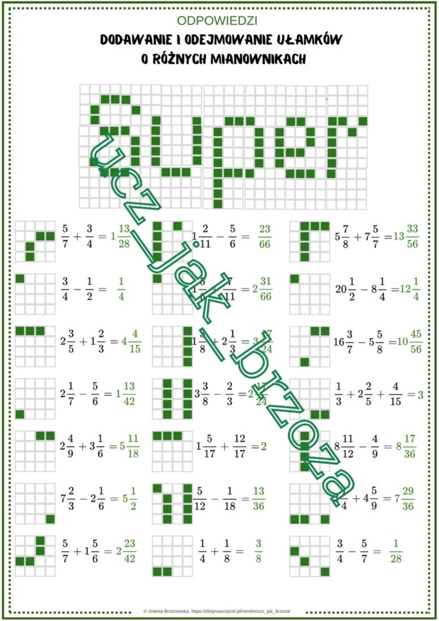 Dodawanie i odejmowanie ułamków zwykłych o różnych mianownikach, karta pracy, kodowanie, klasa 5