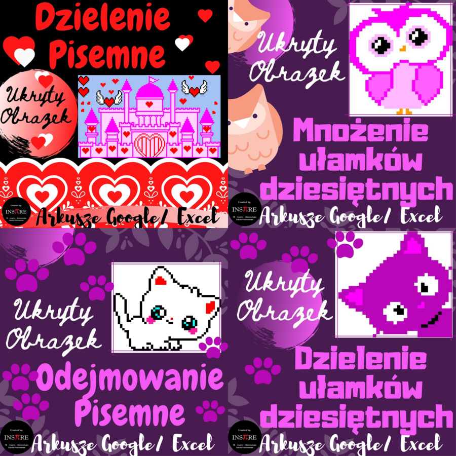 Zestaw 4 x UKRYTY OBRAZEK w Arkuszach Google, Excelu (edytowalny): Dzielenie Pisemne - Magiczny Zamek, Dzielenie ułamków dziesiętnych - Kot, Mnożenie ułamków dziesiętnych - Sowa, Odejmowanie Pisemne - Kotek