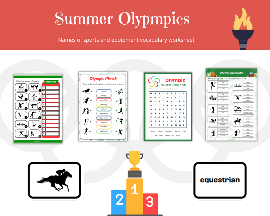 Summer Olympics Vocabulary Worksheet Set, names of sports and equipment - Igrzyska Olimpijskie, Słownictwo, Karty pracy, nazwy sportów i wyposażenia, dodatkowo mini karty obrazkowe i wyrazowe do gry w memory, angielski dla sportowców