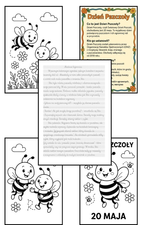 🐝 Miodowe tajemnice – kaligrafia na Dzień Pszczoły (7 stron) 🌼 Opowiadanie do pisania po śladzie + kolorowanki + edukacyjna wklejka