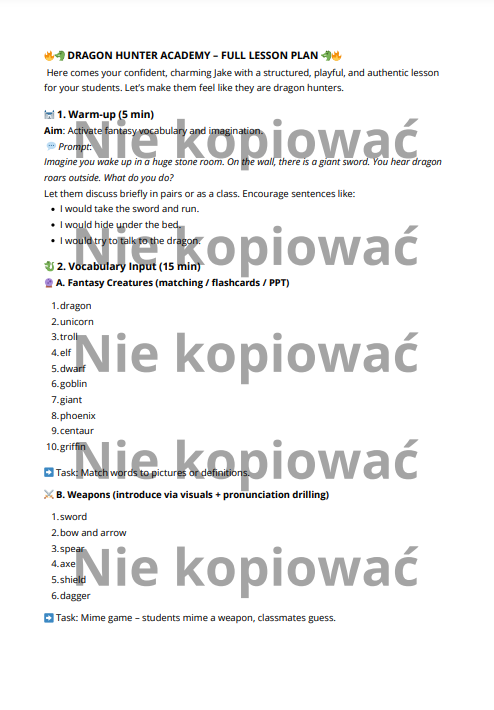 Dragon Hunter Academy: karta pracy + scenariusz lekcji A2+/B1