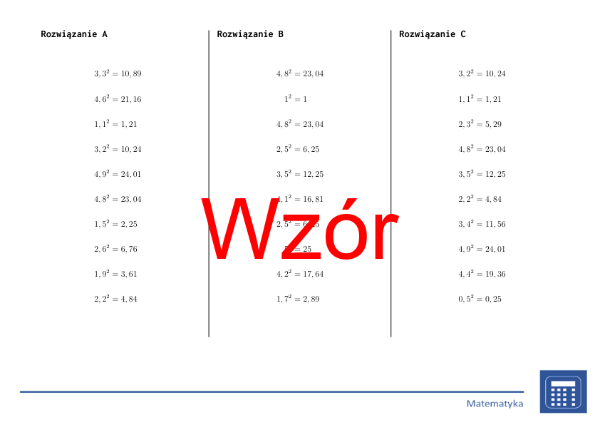 Kwadrat liczb dziesiętnych | matematyka | 26 kolumn