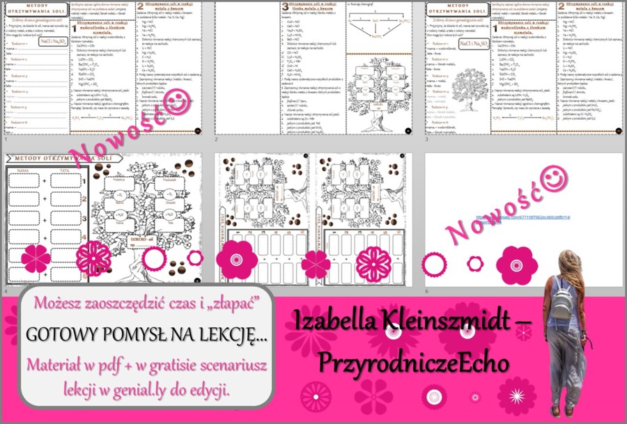 Pomysł na lekcję/karta pracy/stacje zadaniowe/notatki/ materiał do lekcji do tematu „Metody otrzymywania soli” w pdf. W gratisie niekomercyjny scenariusz lekcji/pomysł na lekcję w programie genial.ly do edycji. Na podstawie wydawnictwa MAC. Chemia 8. Dzi