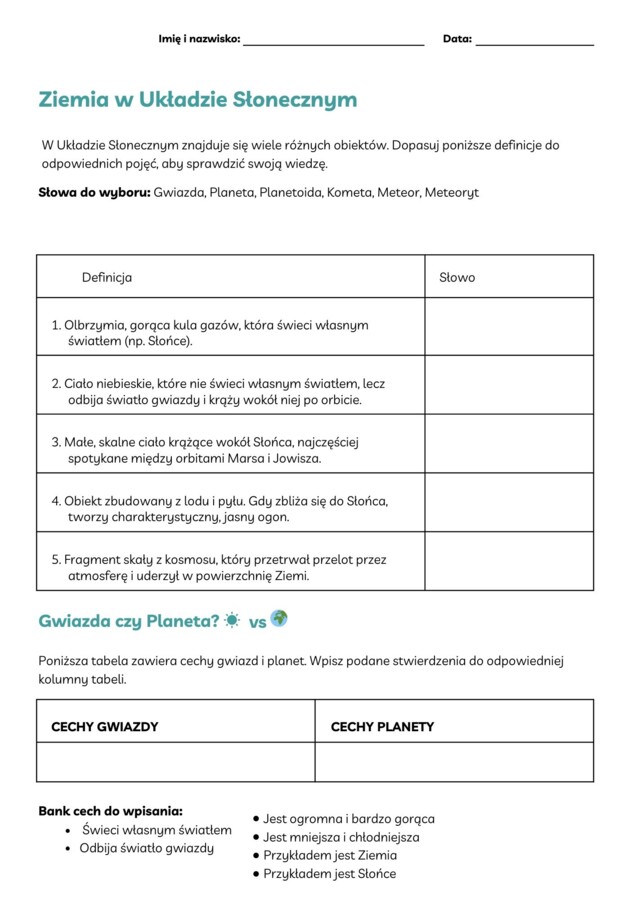 Ziemia w Układzie Słonecznym. Karta pracy