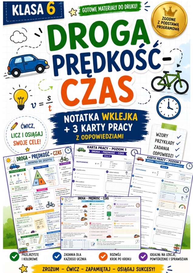 Droga – prędkość – czas | Notatka wklejka + 3 karty pracy | Klasa 5  i  6