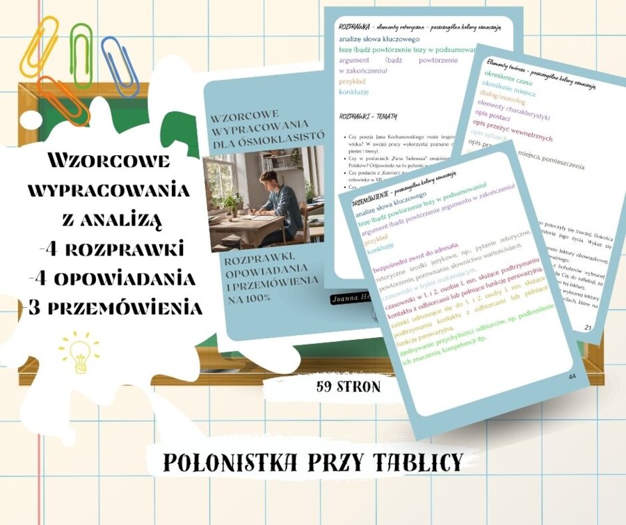 Wzorcowe formy wypowiedzi - przemówienia, rozprawki, opowiadania twórcze. Przykładowe wypracowania z analizą kolorystyczną. Egzamin ósmoklasisty