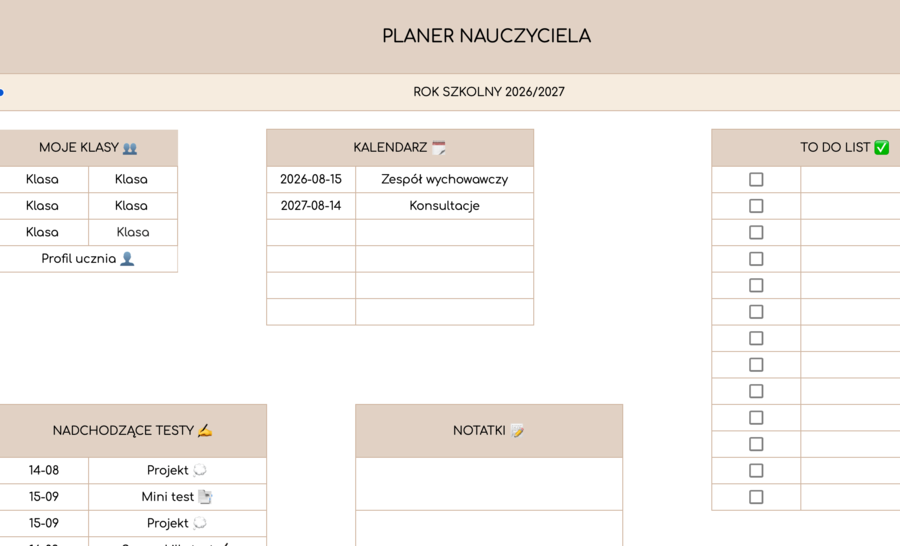 Cyfrowy planer nauczyciela przedmiotowego | Arkusze Google