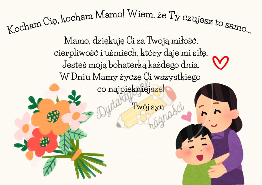 Życzenia na DZIEŃ MATKI w wersji od córki i syna. 6 szablonów do druku w orientacji poziomej.