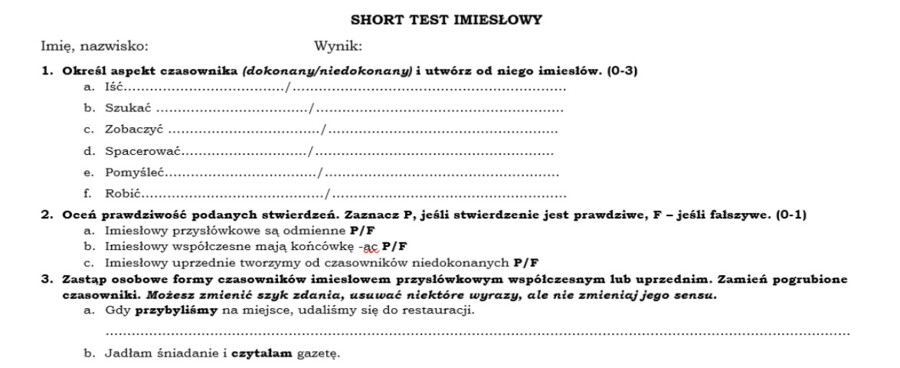 Test imiesłowy przysłówkowe
