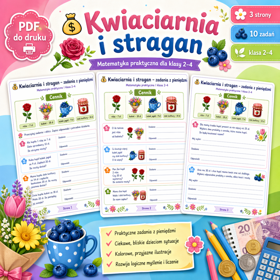 Kwiaciarnia i stragan – zadania z pieniędzmi