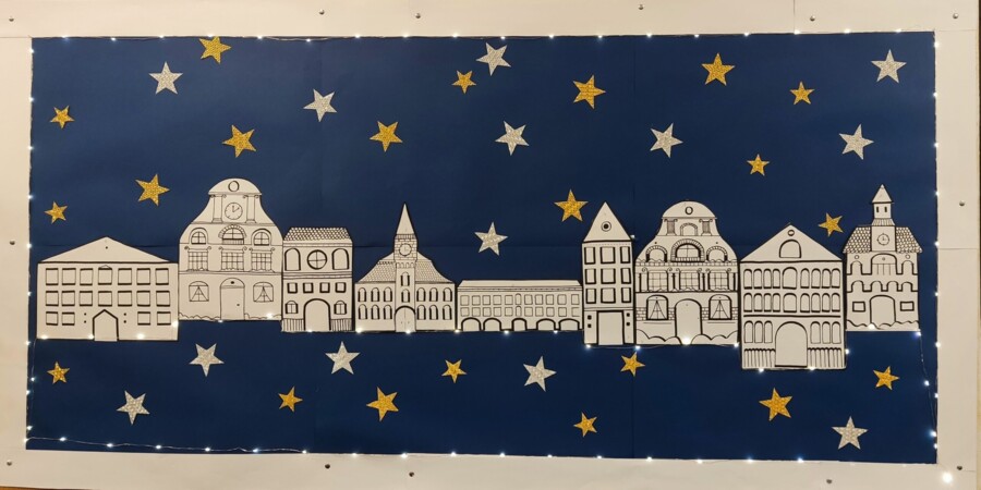 Domki - ręcznie rysowane, szablon, zimowe miasteczko