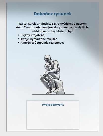 Karty z zadaniami kreatywnymi. Myśliciel (Dokończ rysunek, emocje, historia Myśliciela)