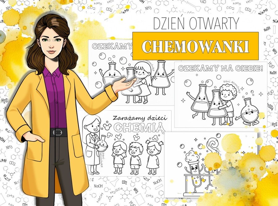 Chemowanki. Chemiczne kolorowanki dla maluchów. Idealne na Dzień Otwarty / Festyn szkolny. Zastępstwo. Pani Atomówka KIDS.