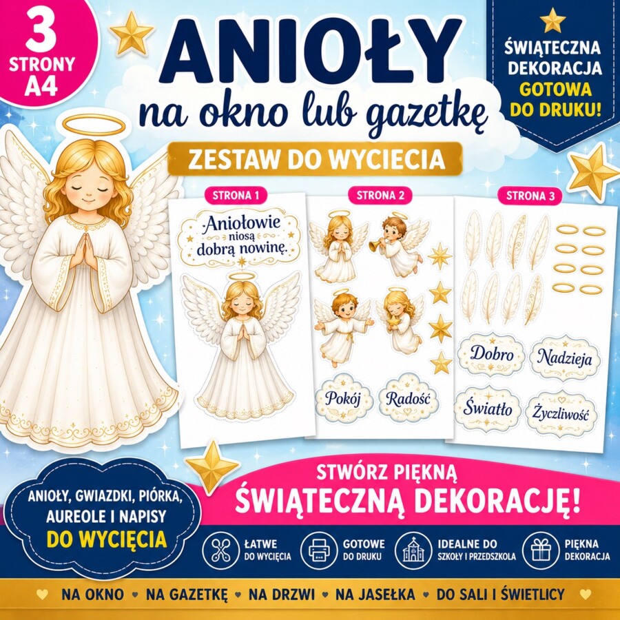 Anioły na okno lub gazetkę. Dekoracja.