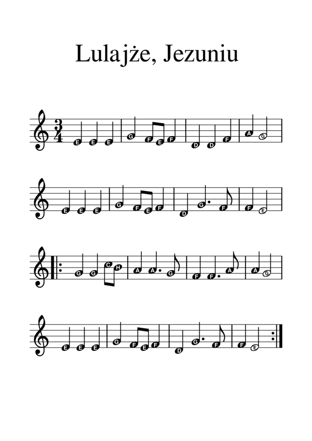 Kolęda Lulajże, Jezuniu. Duże nuty z literowymi nazwami dźwięków.