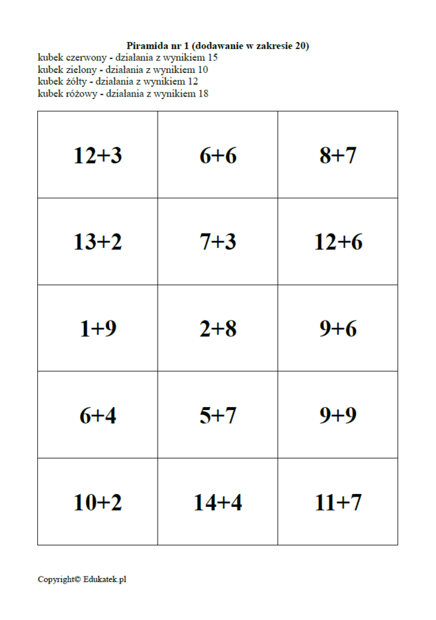 Matematyczne kubki (dodawanie i odejmowanie) – gra matematyczna