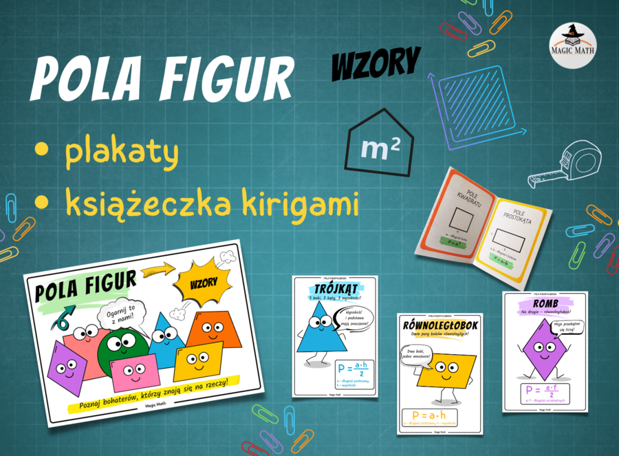 PLAKATY Edukacyjne i Książeczka KIRIGAMI (ORIGAMI): Pola Figur Płaskich