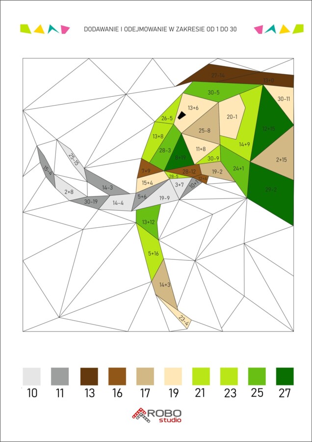 Kolorowanka matematyczna, MAMUT, dodawanie i odejmowanie od 1 do 30, dzień dinozaura, prehistoria, matematyka i sztuka.