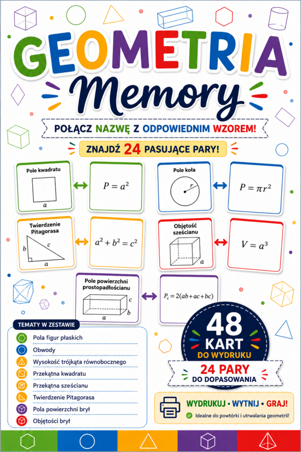 Memory matematyczne 48 kart– Geometria kl 4-8 | Pola, obwody, objętość  brył, przekątne, Twierdzenie Pitagorasa