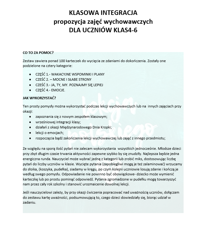 KLASOWA INTEGRACJA- ZESTAW ZDAŃ DO DOKOŃCZENIA