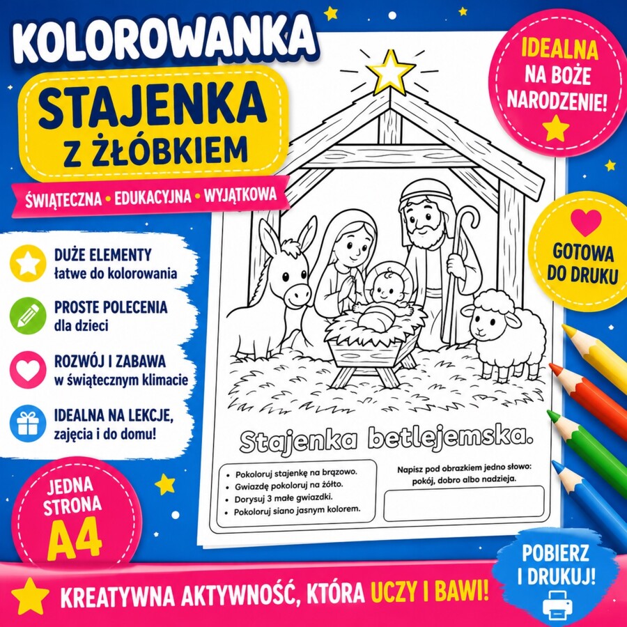 Kolorowanka. Stajenka z żłóbkiem