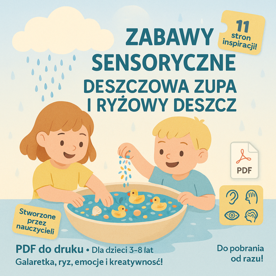 Zabawy sensoryczne: błękitna galaretka jako „deszczowa zupa”, ryż jako „deszcz”