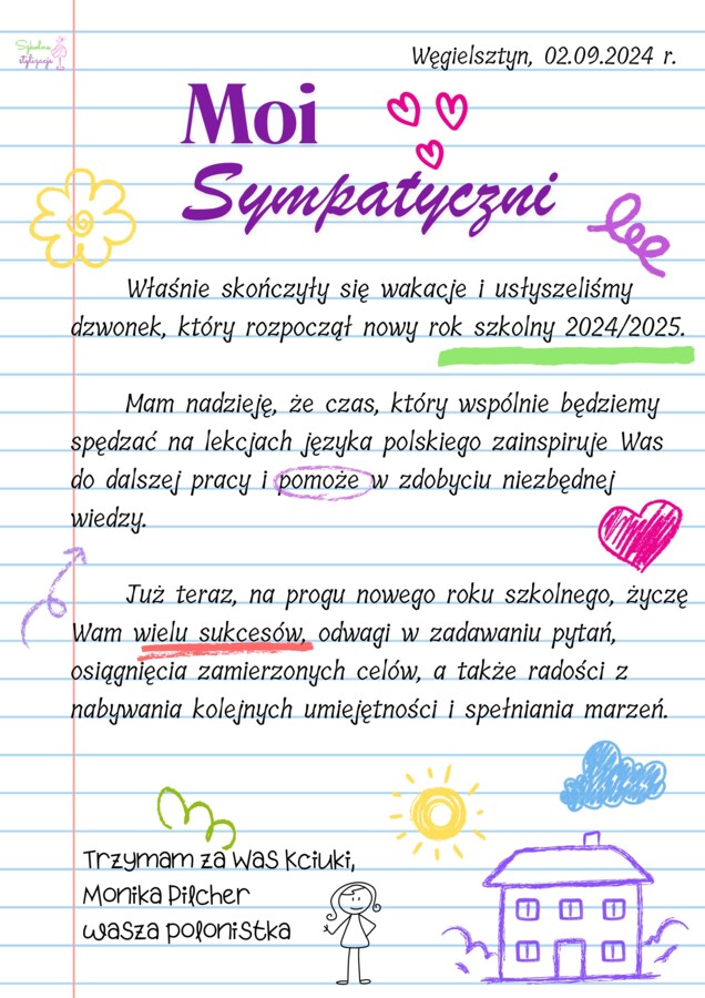 Witacz klasowy polonistyczny, List polonistki do uczniów - zestaw, dekoracje