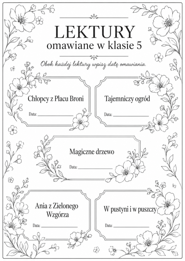 Lista lektur do klasy 5 (różne wersje) czarno-białe