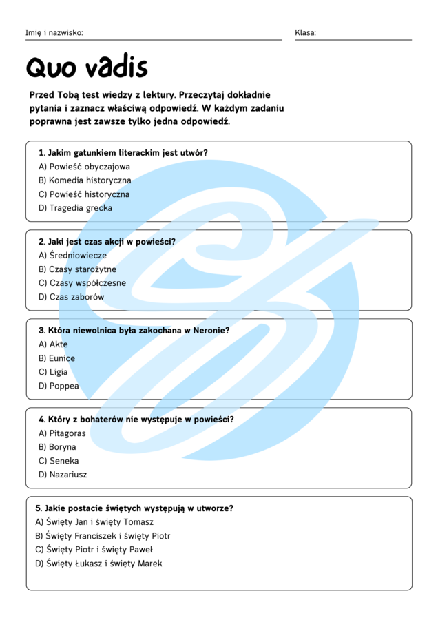 Test z lektury „Quo vadis” | Sienkiewicz | Szkoła podstawowa | 15 pytań ABCD + Klucz + Skala ocen