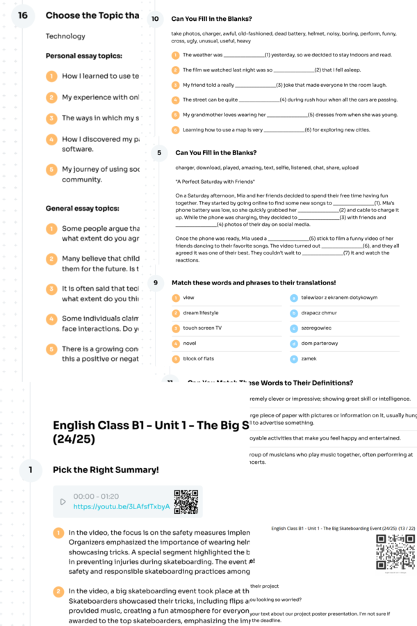 English Class B1 – Unit 1 – karta pracy – The Big Skatebording Event (24/25) – technology, free time