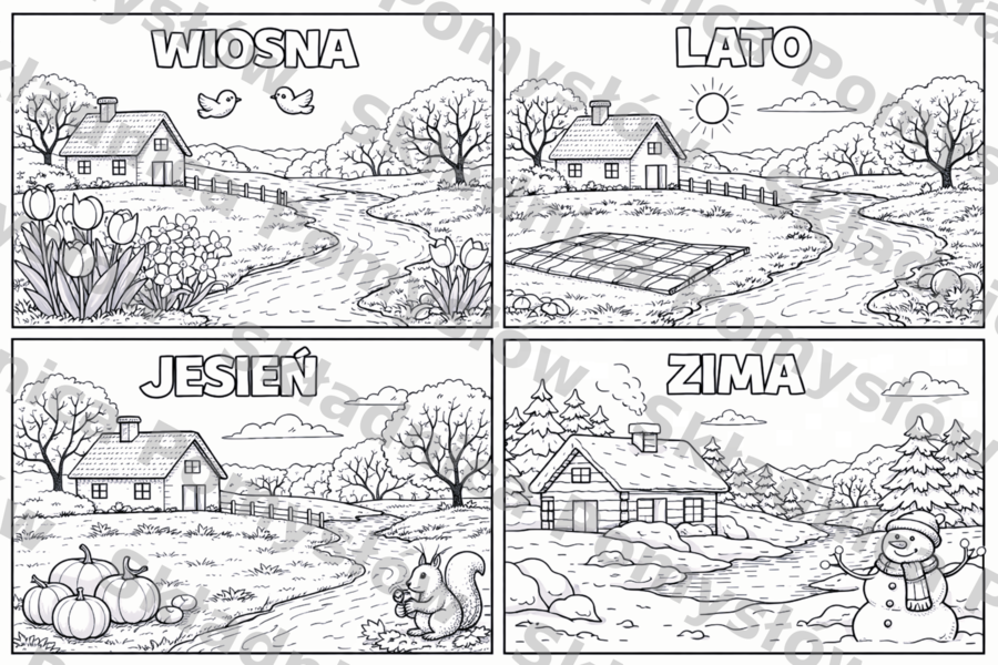 CZTERY PORY ROKU (wiosna, lato, jesień, zima) - pakiet: kolorowanka XXL (8 kart A4) + miniatura A4; plakat, dekoracja, karta pracy, gazetka