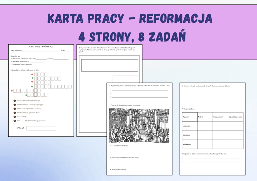 Reformacja – karta pracy, 4 strony, 8 różnorodnych zadań, powtórzenie, praca na lekcji