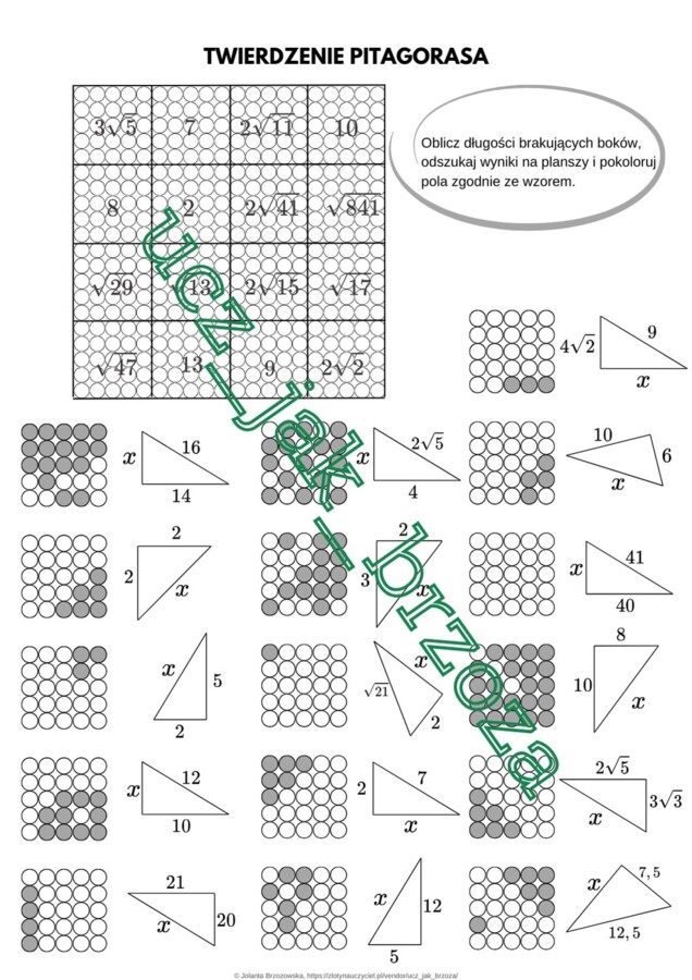 Twierdzenie Pitagorasa, karta pracy - kodowanie, klasa 7 i 8, edukacja domowa