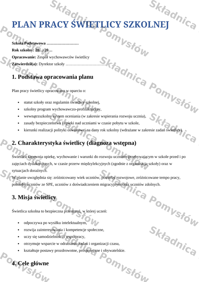 PLAN PRACY ŚWIETLICY SZKOLNEJ - komplet na cały rok (edytowalny) + plan tygodniowy do dziennika + sprawozdania
