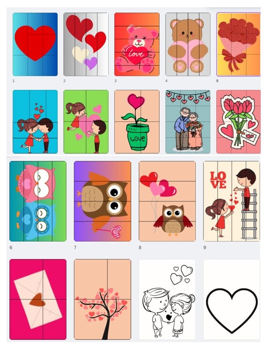 Walentynki - puzzle kolorowanki